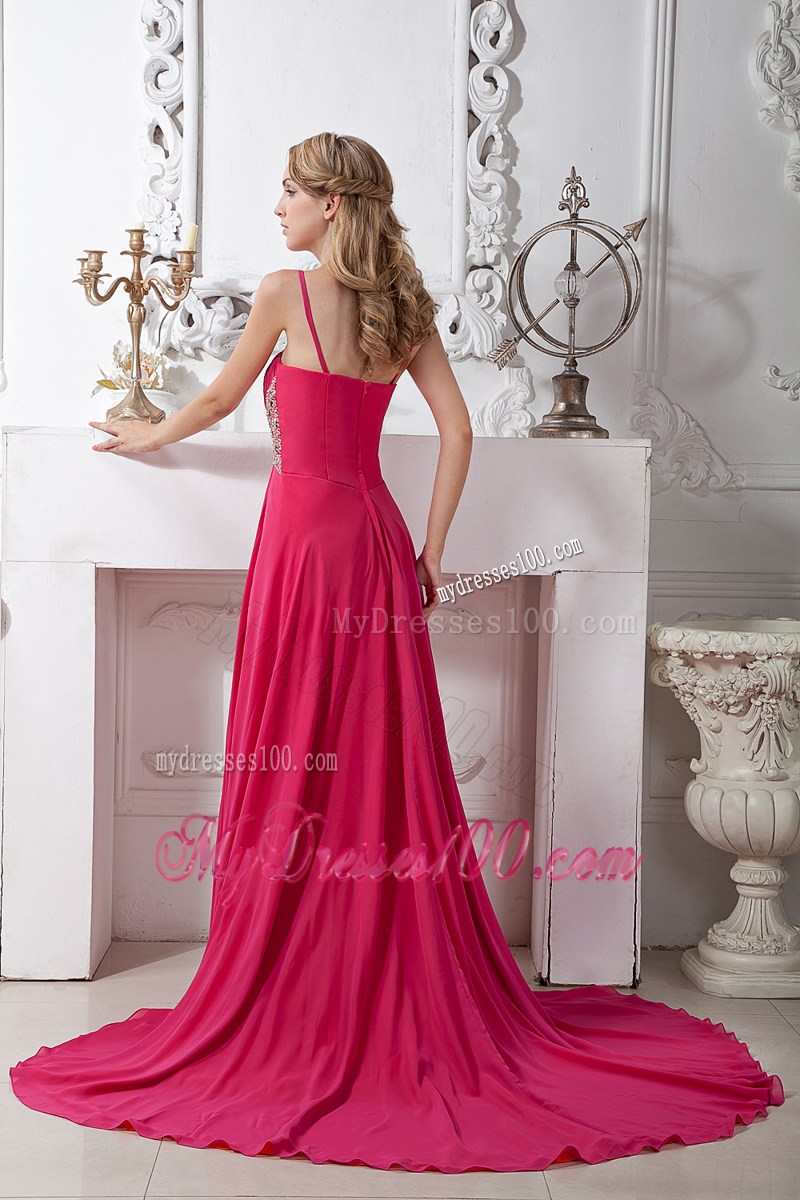 Hot Pink Spaghetti Straps Prom Dress Empire with Brush Train