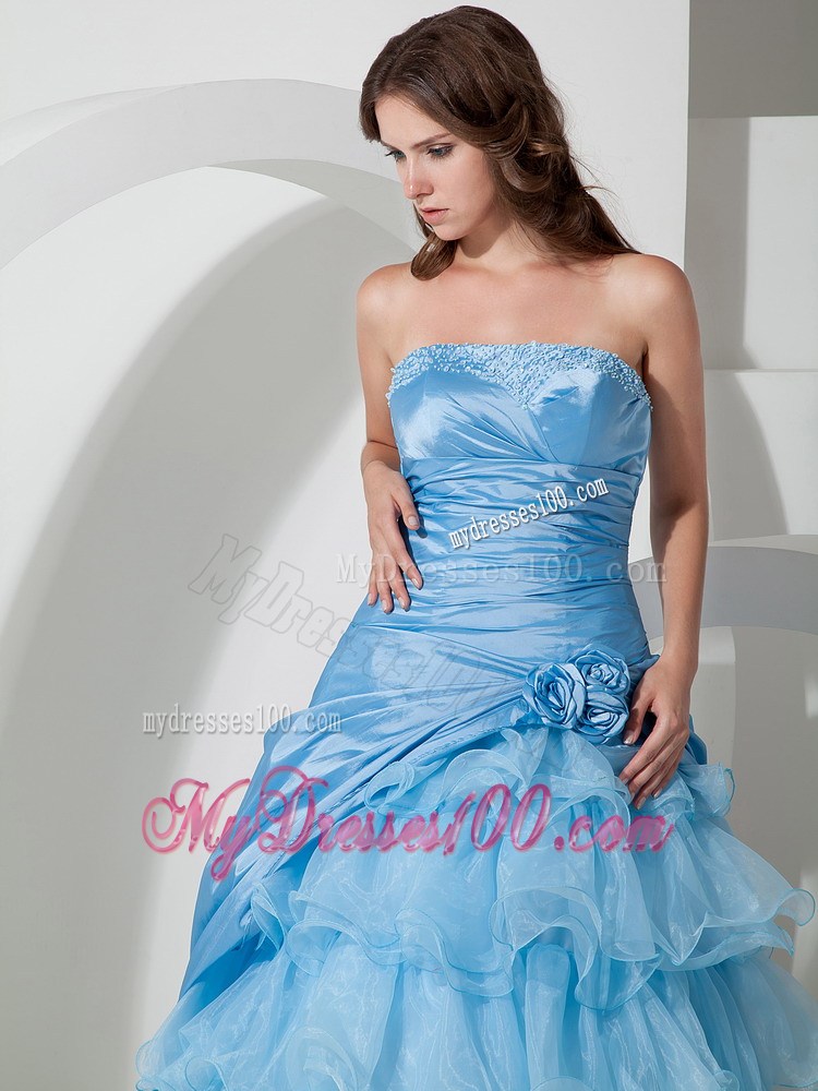Layered Strapless Hand Made Flowers Evening Dress