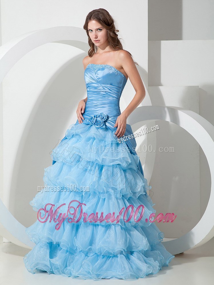 Layered Strapless Hand Made Flowers Evening Dress