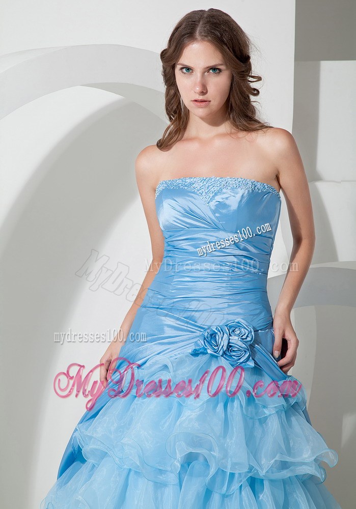 Layered Strapless Hand Made Flowers Evening Dress