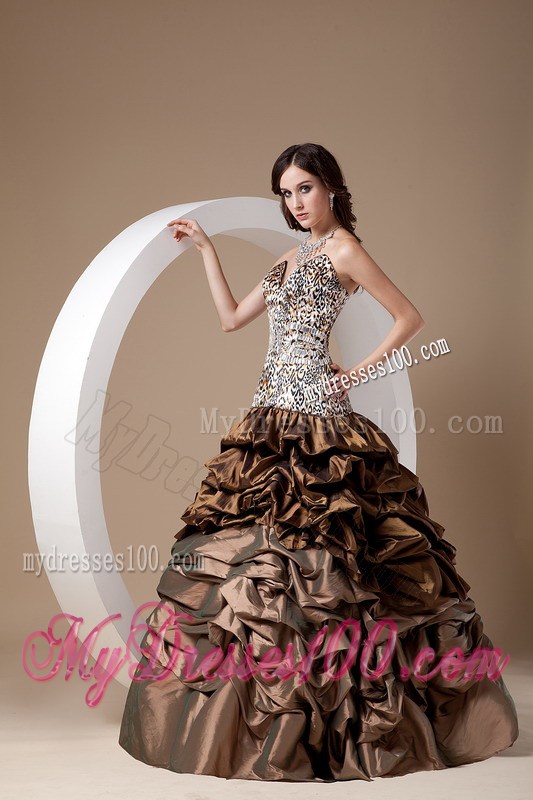Brown Ball Gown Sweetheart Evening Dress Leopard Pick-ups