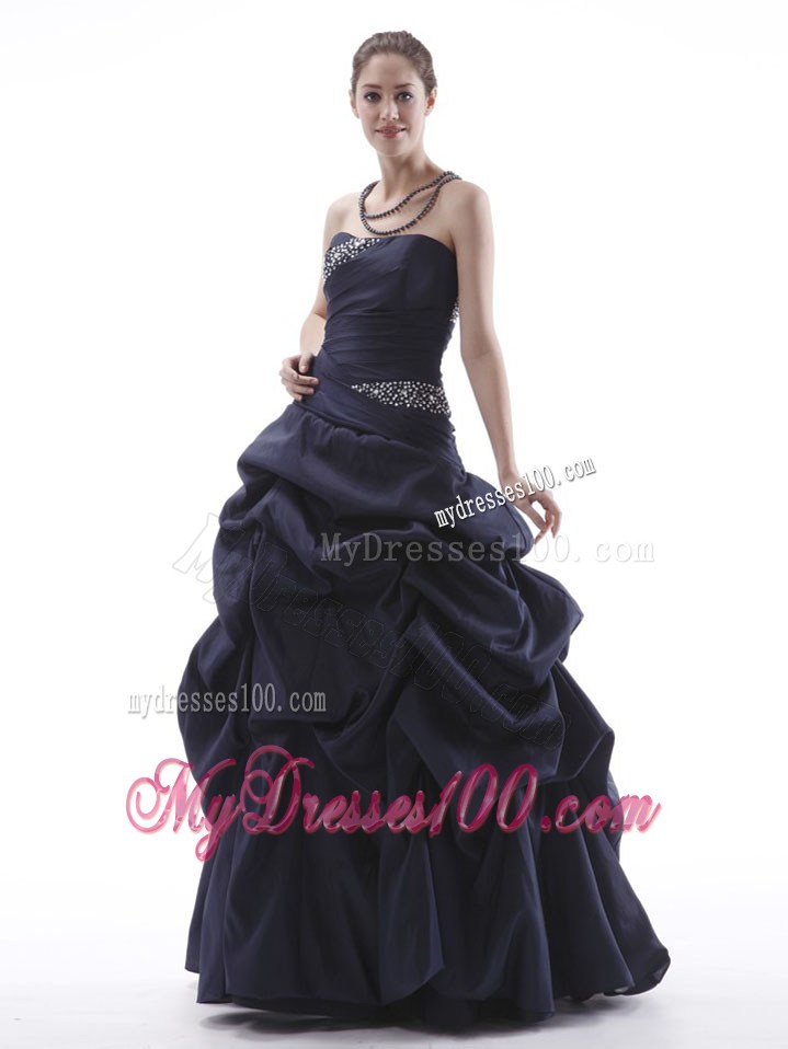 Navy Blue Lace-up Evening Dress With Beaded and Pick-ups