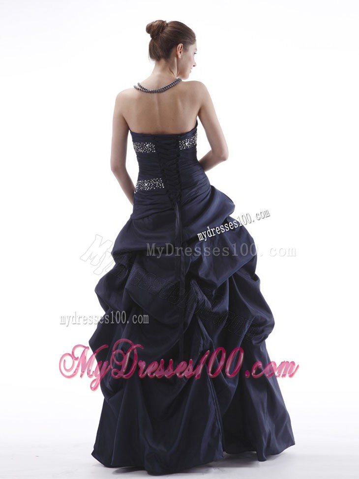 Navy Blue Lace-up Evening Dress With Beaded and Pick-ups