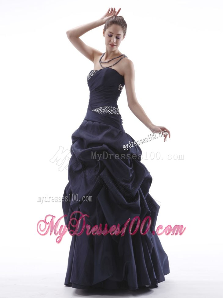 Navy Blue Lace-up Evening Dress With Beaded and Pick-ups