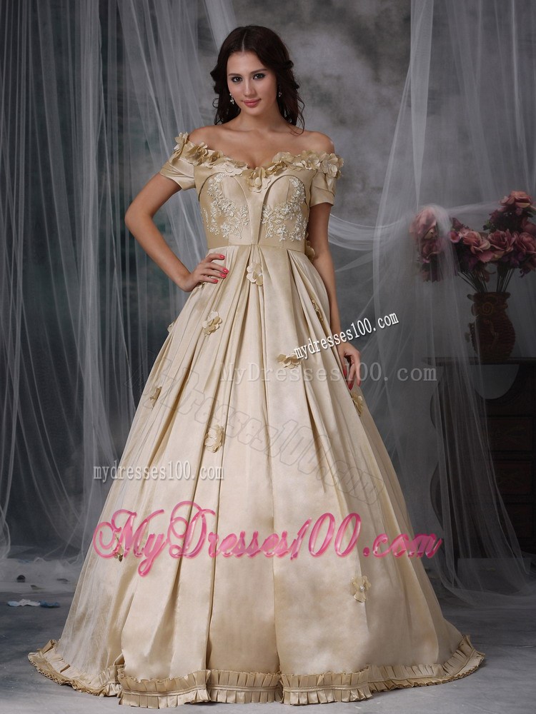 Champagne Off Shoulder Hand Flowers Evening Dress