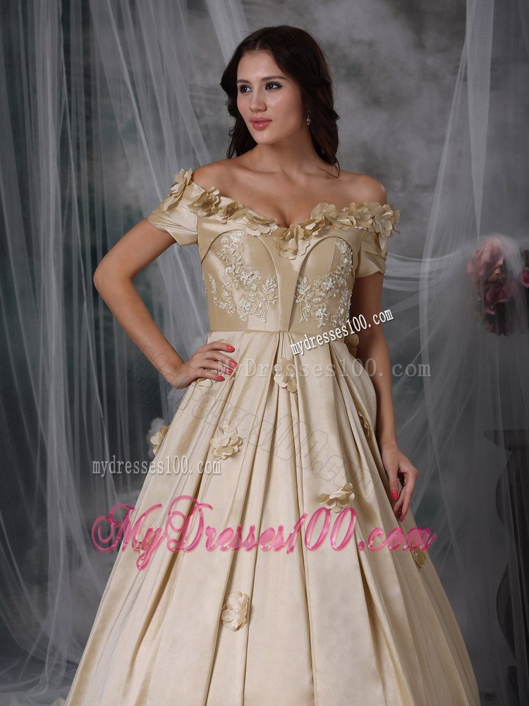 Champagne Off Shoulder Hand Flowers Evening Dress