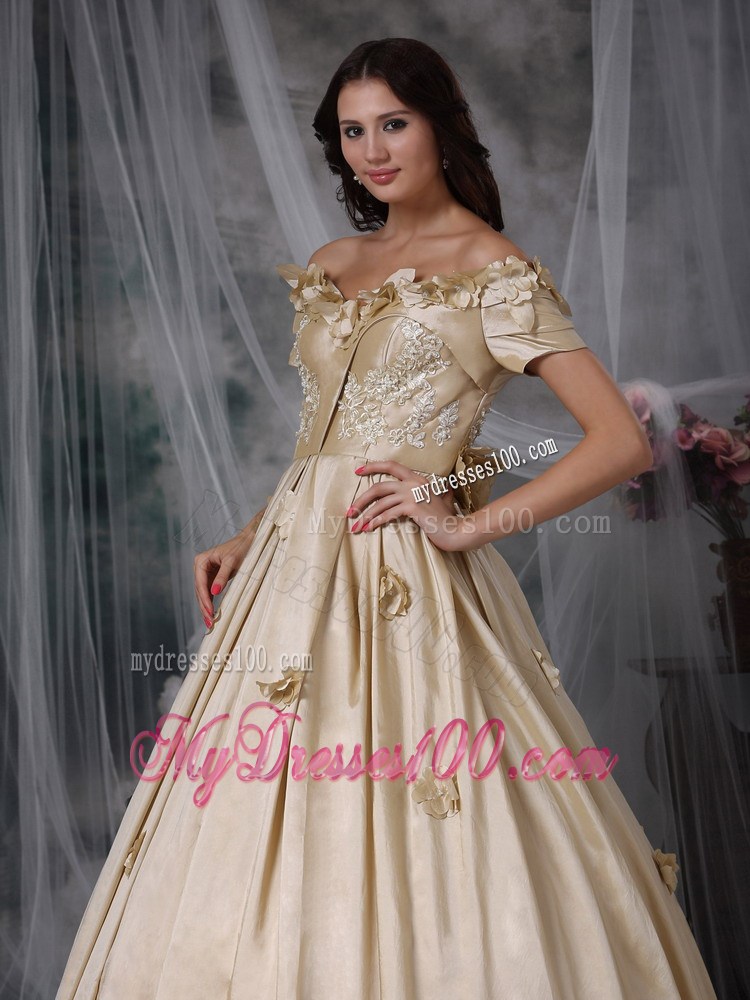 Champagne Off Shoulder Hand Flowers Evening Dress
