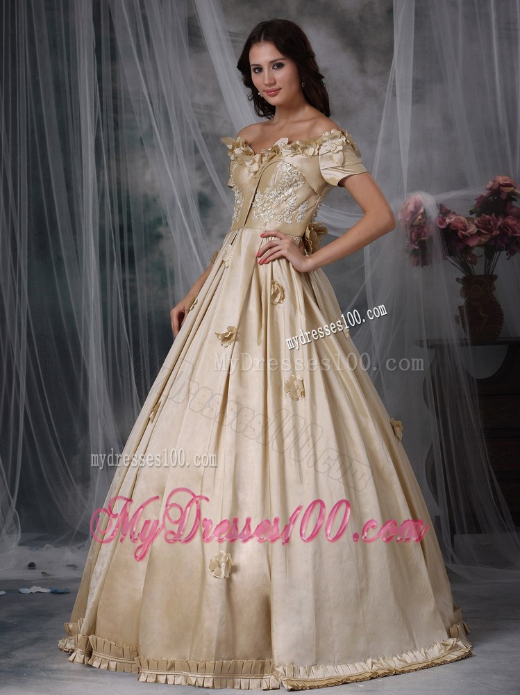 Champagne Off Shoulder Hand Flowers Evening Dress