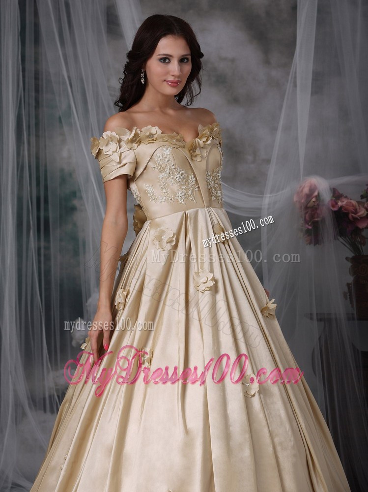 Champagne Off Shoulder Hand Flowers Evening Dress