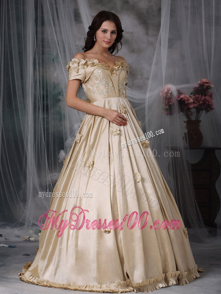 Champagne Off Shoulder Hand Flowers Evening Dress