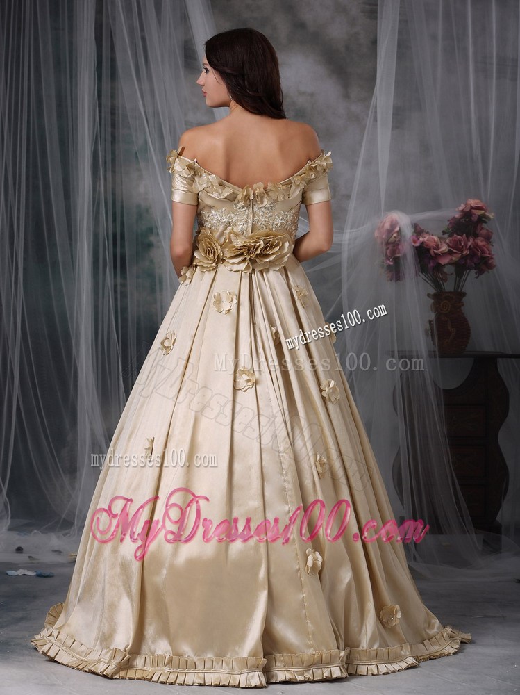 Champagne Off Shoulder Hand Flowers Evening Dress