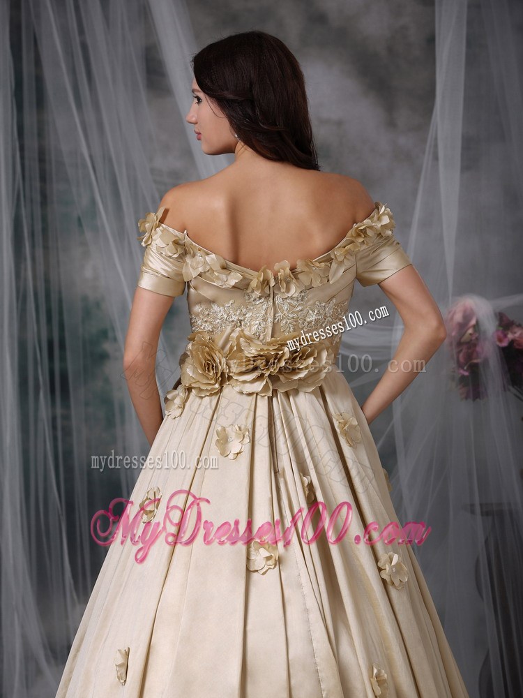 Champagne Off Shoulder Hand Flowers Evening Dress