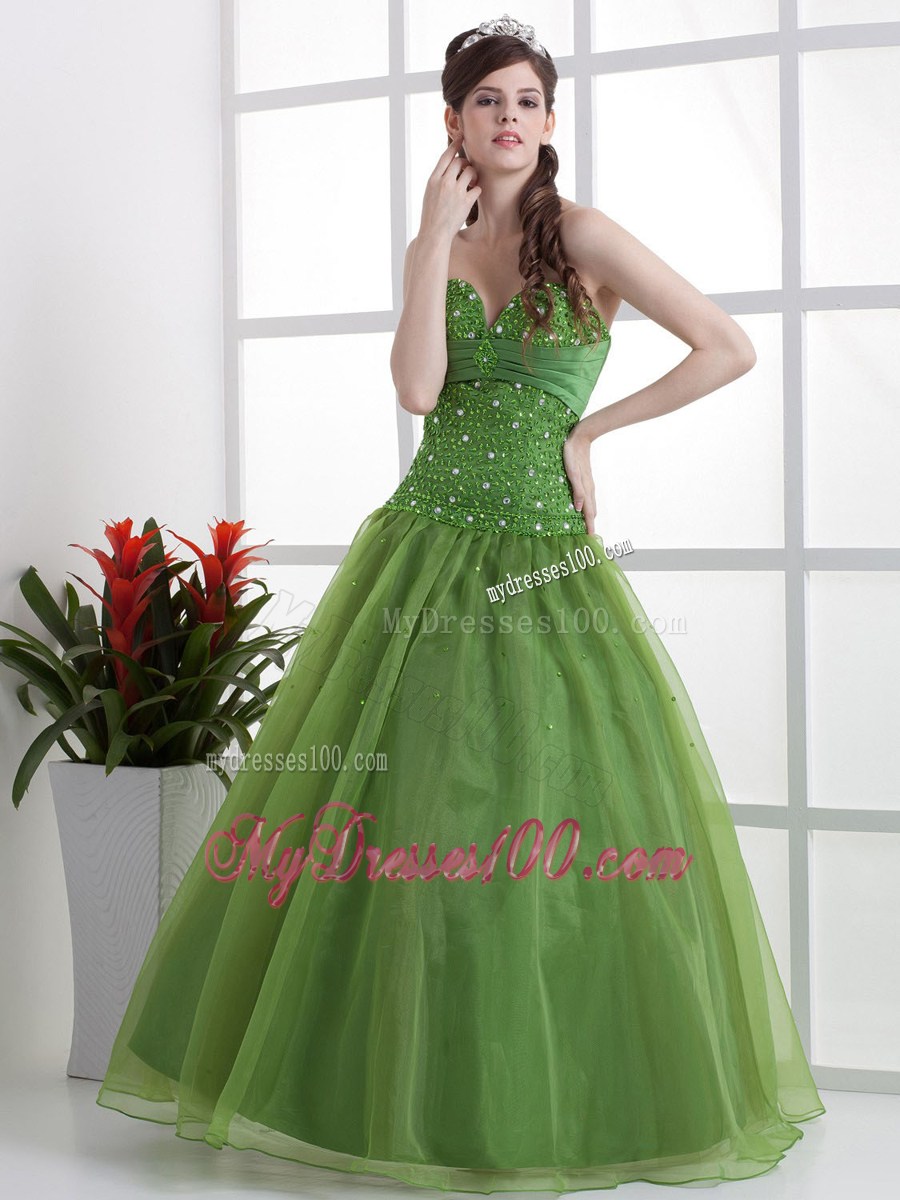 Olive Green Beaded Decorate Bust Evening Dress Sweetheart