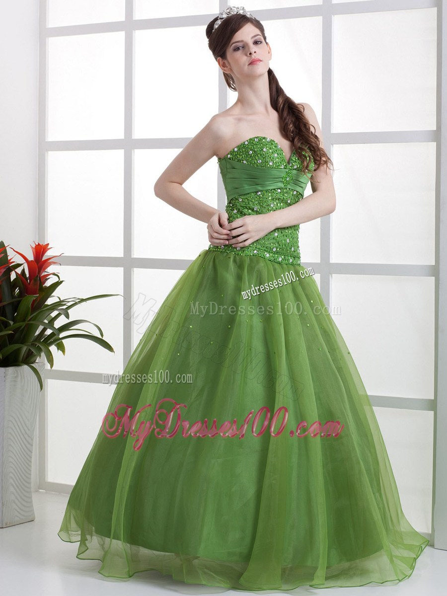 Olive Green Beaded Decorate Bust Evening Dress Sweetheart