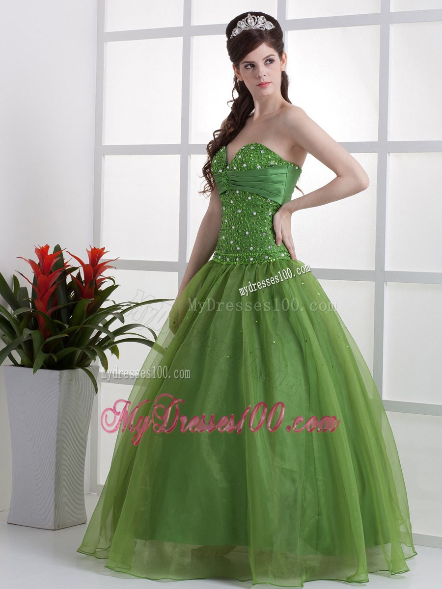 Olive Green Beaded Decorate Bust Evening Dress Sweetheart