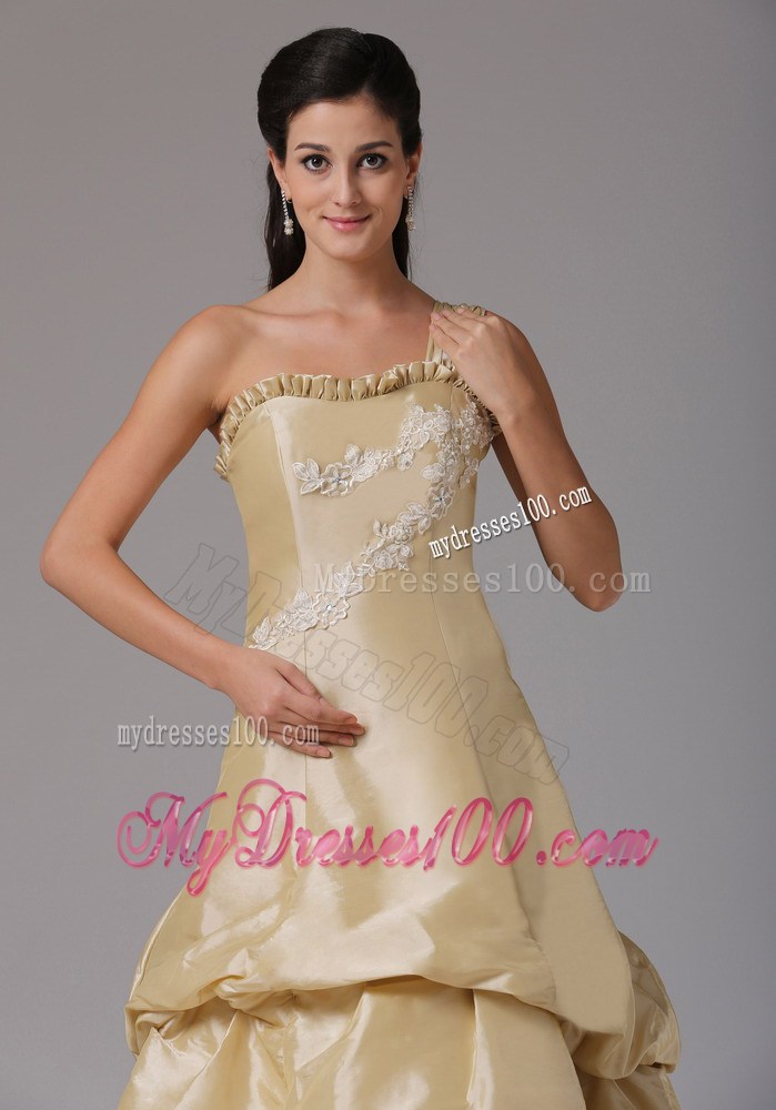 Champagne Evening Dress With Appliques and Ruffles