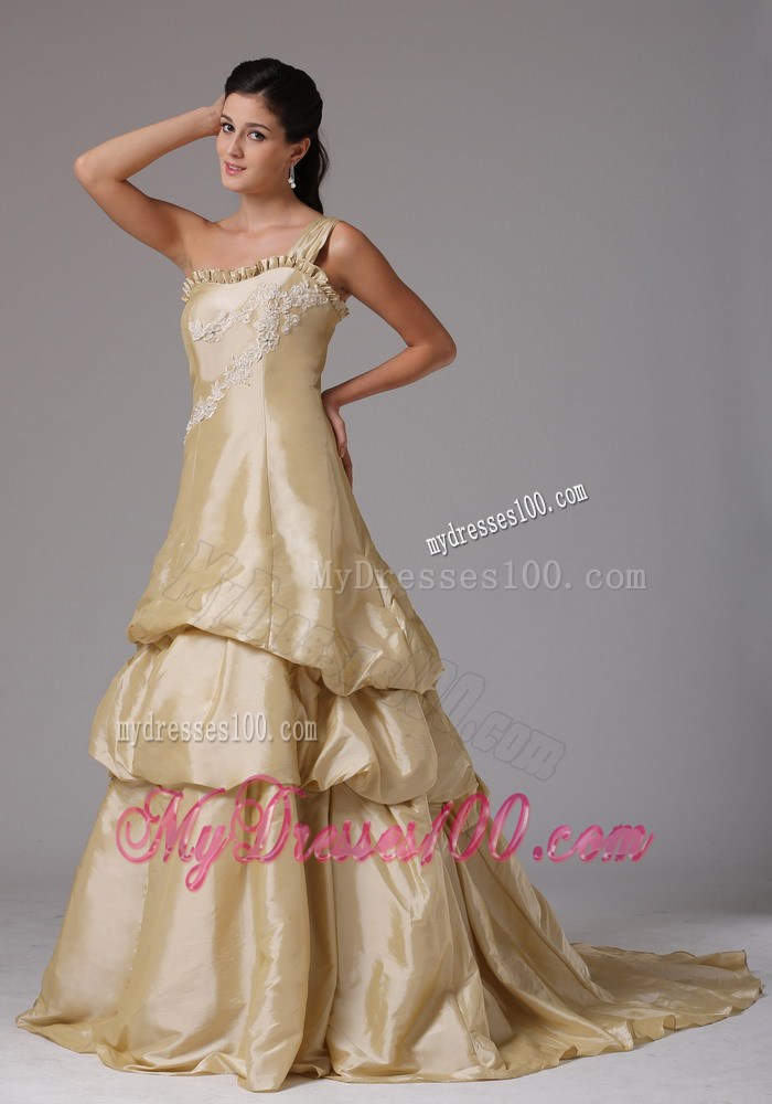 Champagne Evening Dress With Appliques and Ruffles