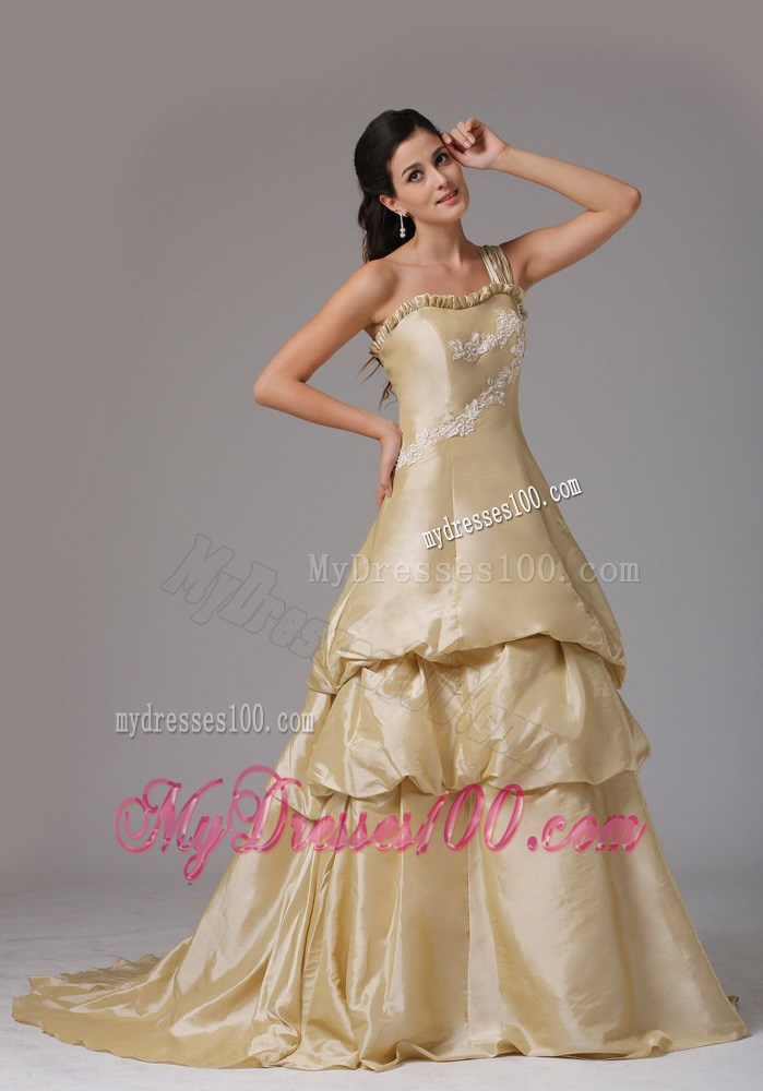 Champagne Evening Dress With Appliques and Ruffles