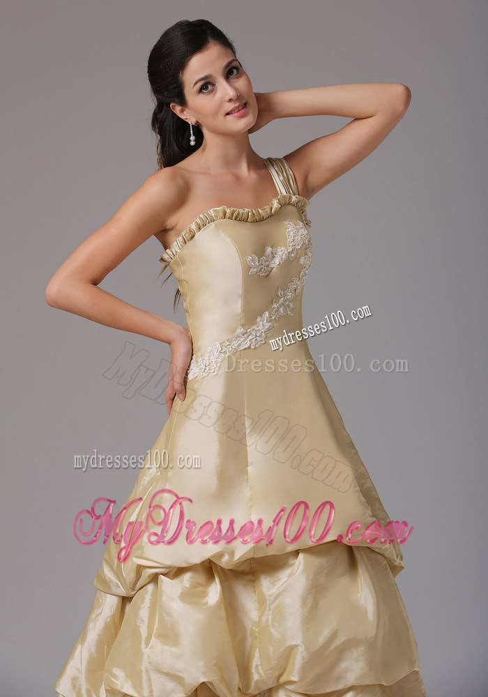 Champagne Evening Dress With Appliques and Ruffles