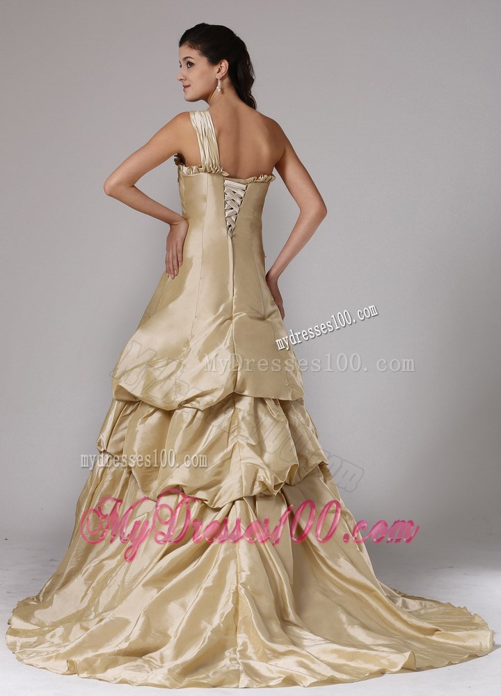 Champagne Evening Dress With Appliques and Ruffles