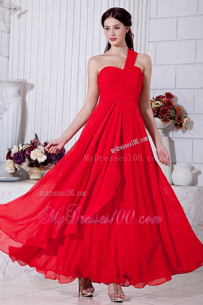 Red Empire One Shoulder Ruched Evening Dress Ankle-length