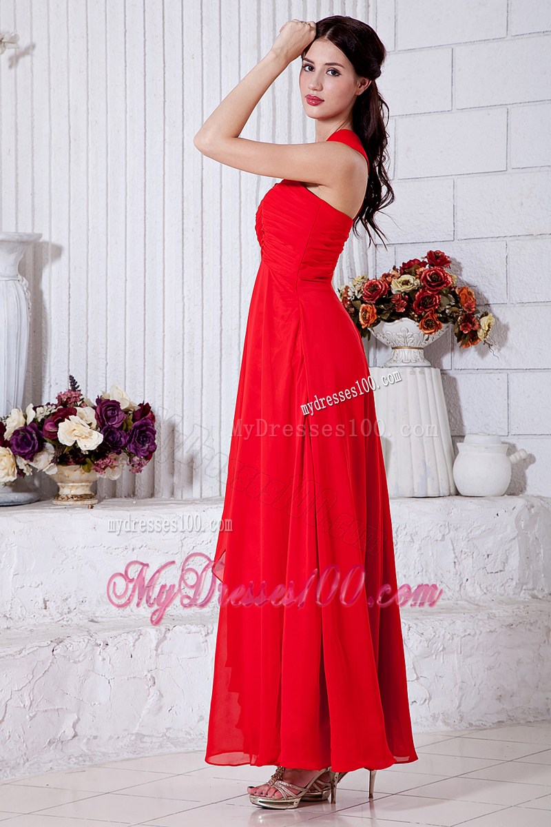 Red Empire One Shoulder Ruched Evening Dress Ankle-length