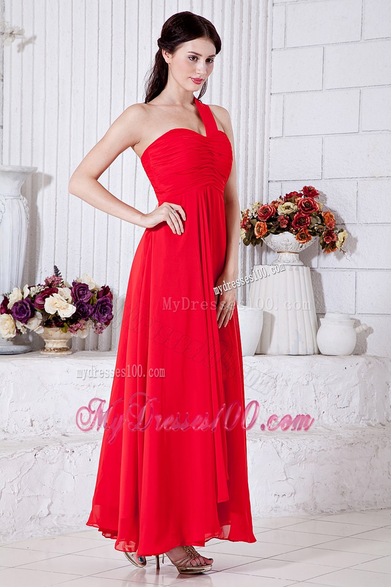 Red Empire One Shoulder Ruched Evening Dress Ankle-length