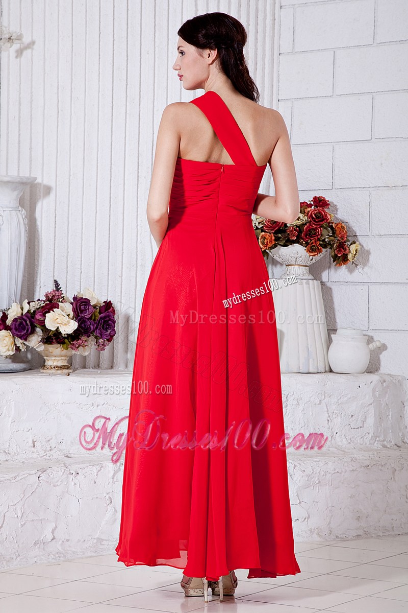 Red Empire One Shoulder Ruched Evening Dress Ankle-length