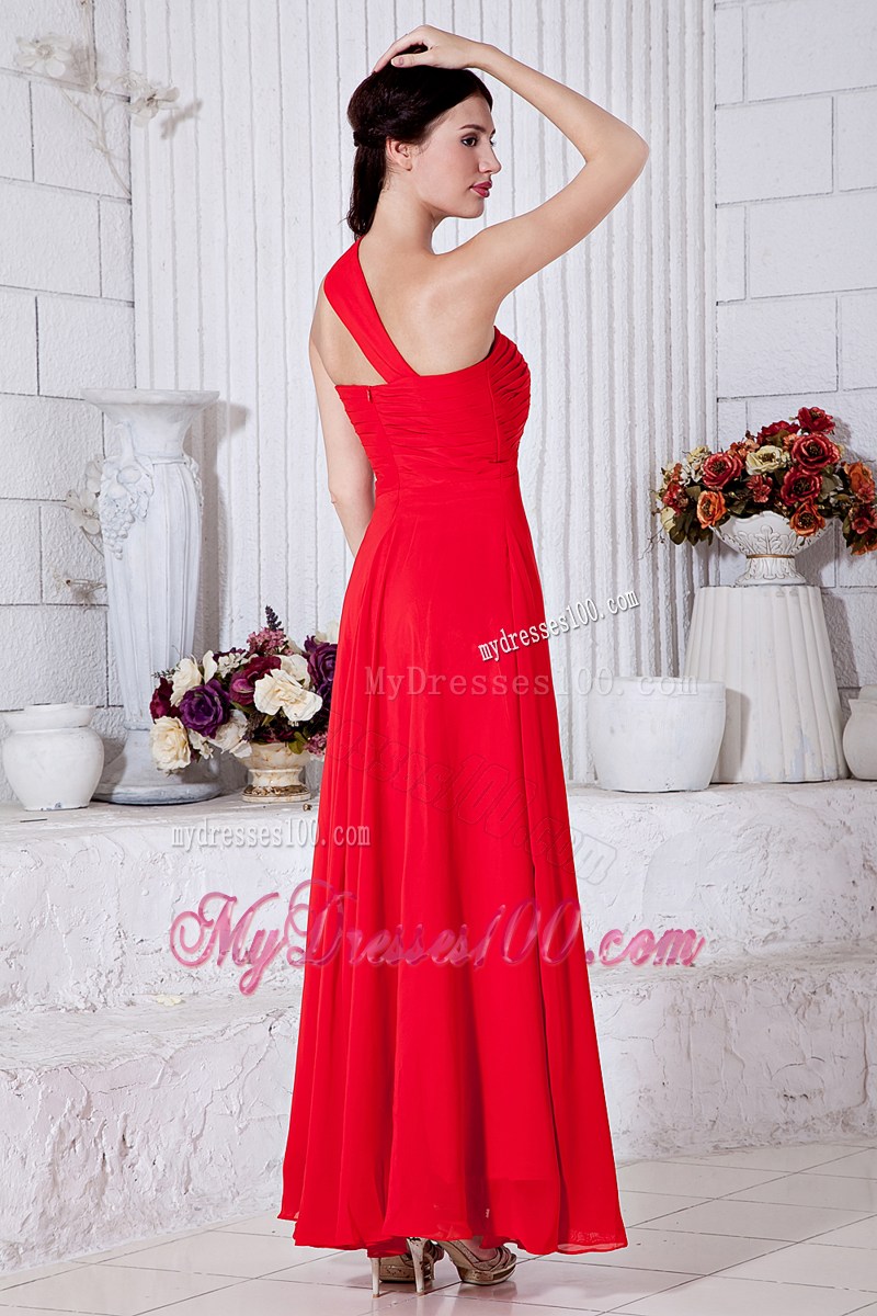 Red Empire One Shoulder Ruched Evening Dress Ankle-length