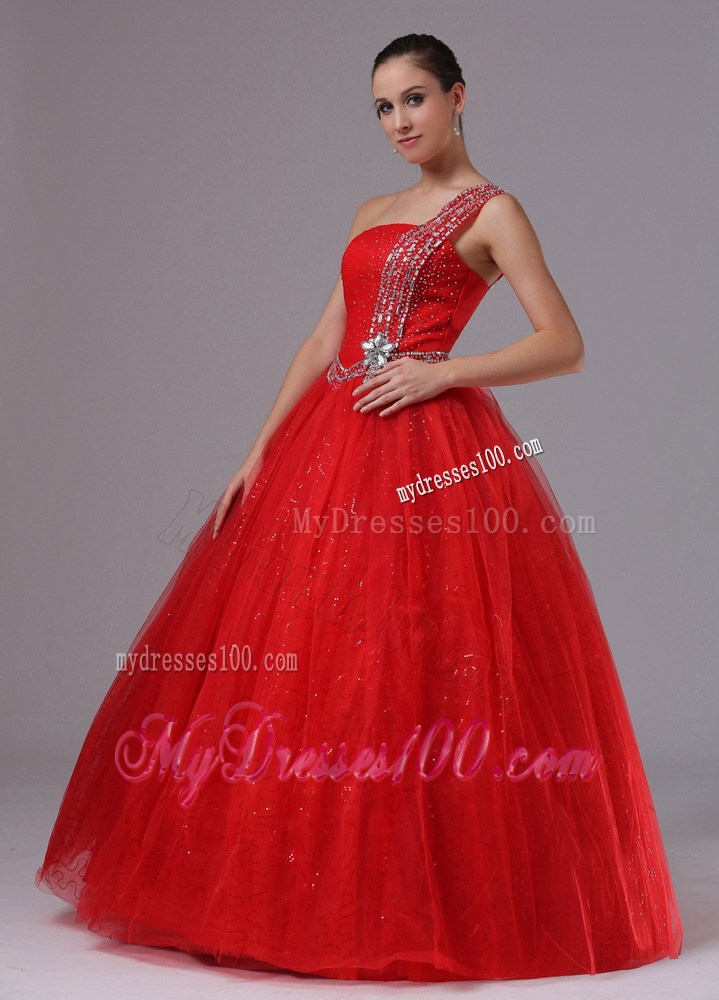 Paillette Red Military Ball Gowns With Beaded One Shoulder