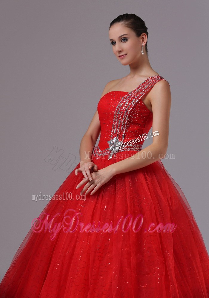 Paillette Red Military Ball Gowns With Beaded One Shoulder