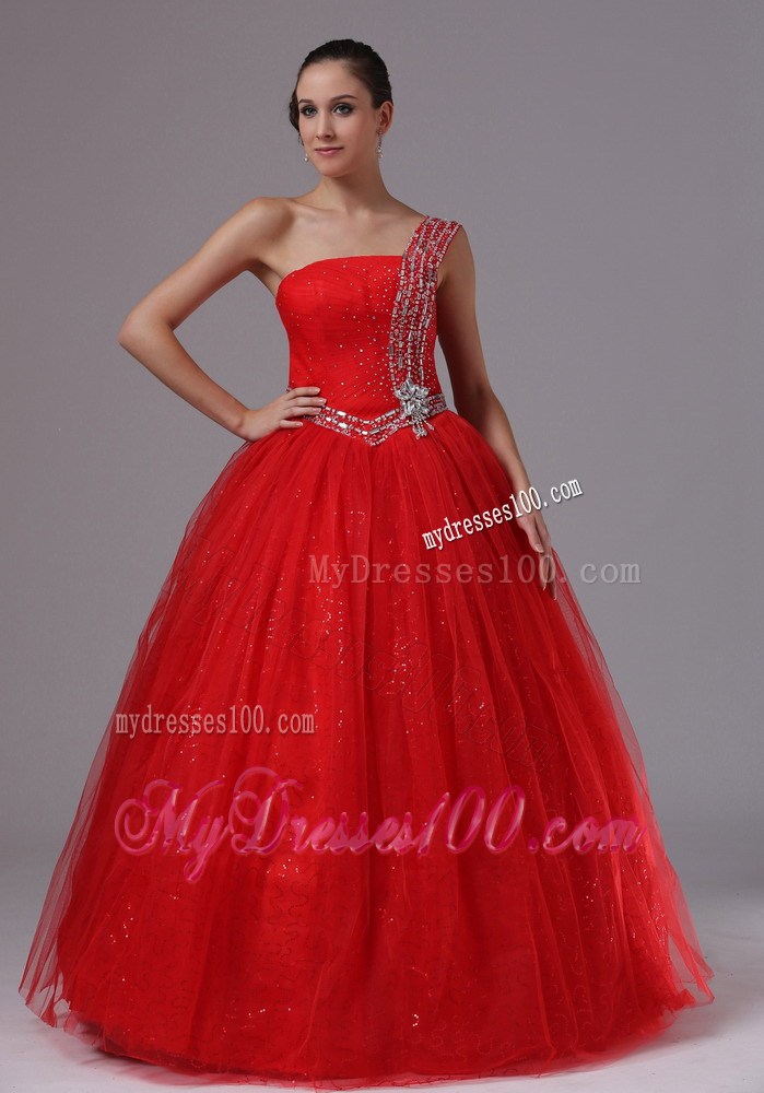Paillette Red Military Ball Gowns With Beaded One Shoulder