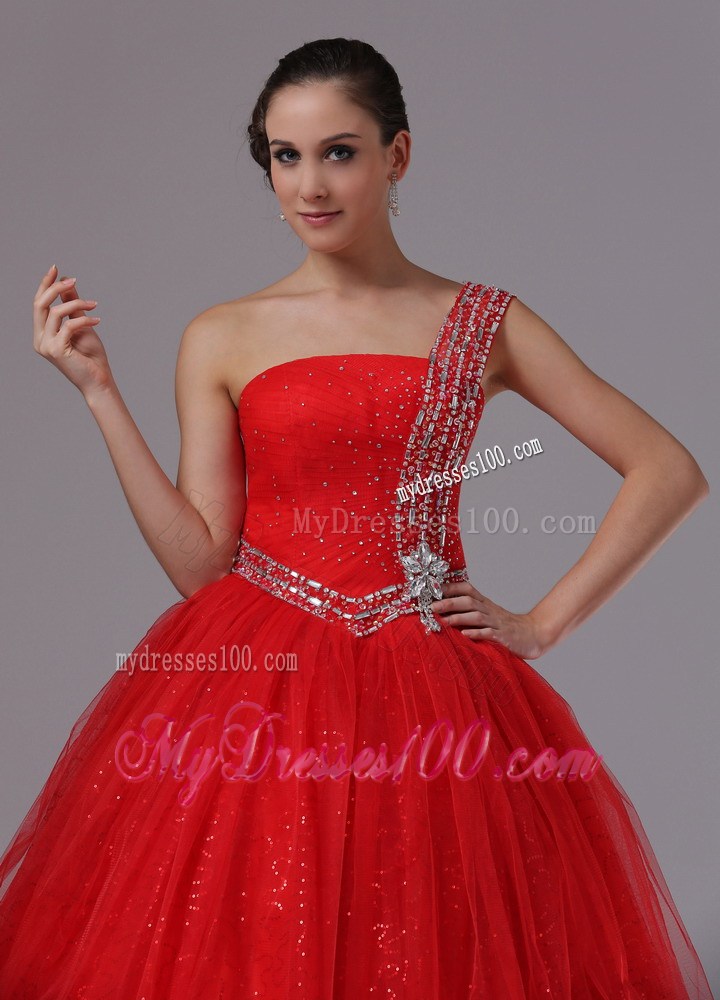 Paillette Red Military Ball Gowns With Beaded One Shoulder