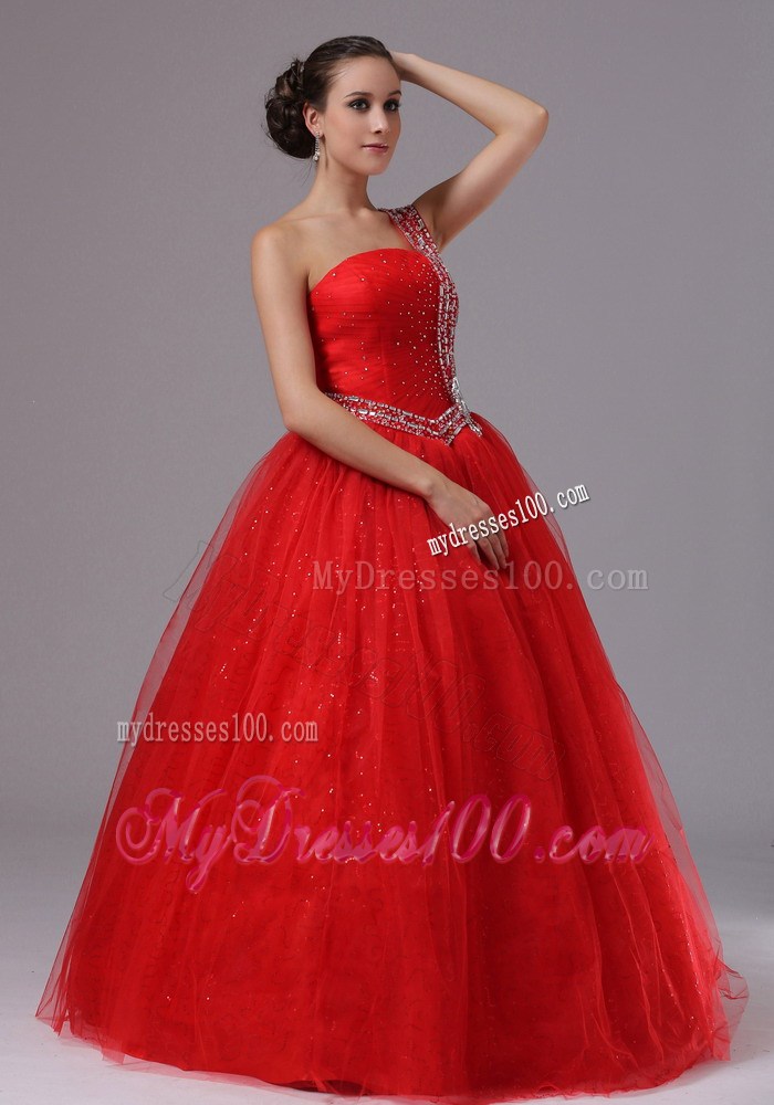 Paillette Red Military Ball Gowns With Beaded One Shoulder