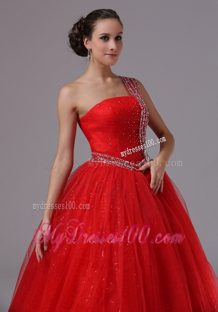 Paillette Red Military Ball Gowns With Beaded One Shoulder