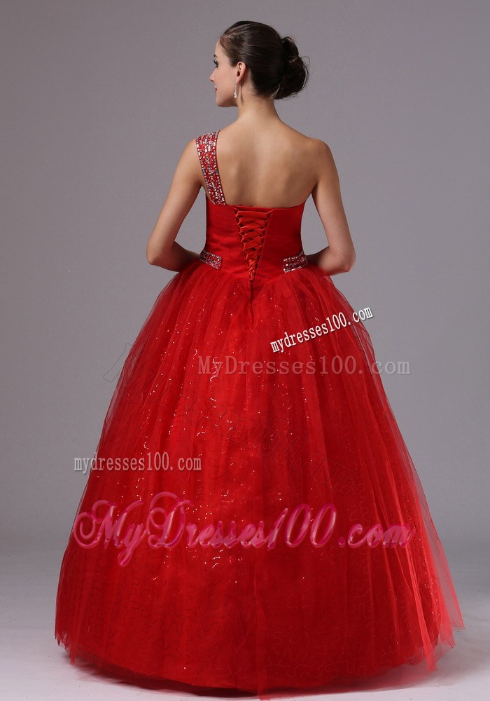 Paillette Red Military Ball Gowns With Beaded One Shoulder