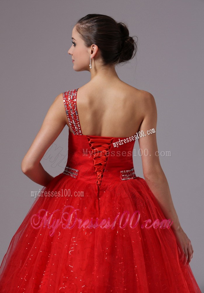 Paillette Red Military Ball Gowns With Beaded One Shoulder