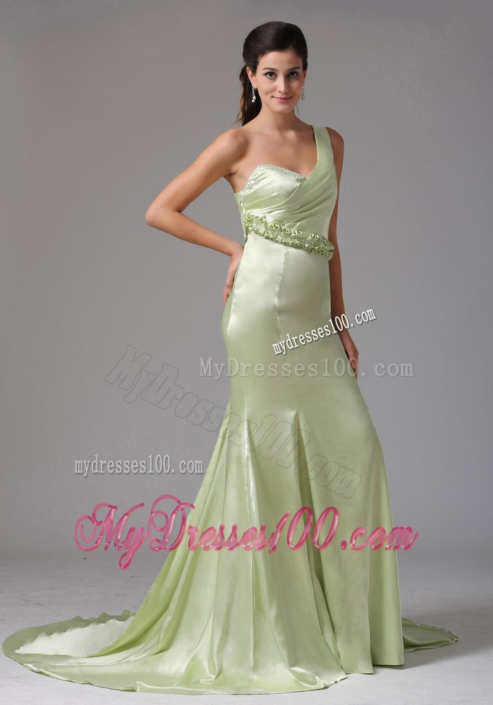 Stylish Yellow Green One Shoulder 2013 Prom Celebirty Dress With Appliques Watteau Train In Groton Connecticut