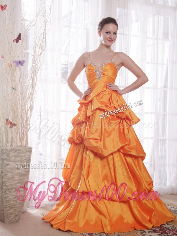 Cute Orange Princess Straps Floor-length Beaded Prom Dress