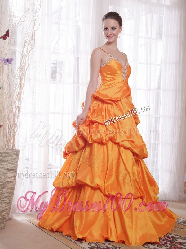 Cute Orange Princess Straps Floor-length Beaded Prom Dress
