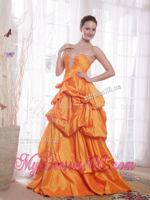 Cute Orange Princess Straps Floor-length Beaded Prom Dress