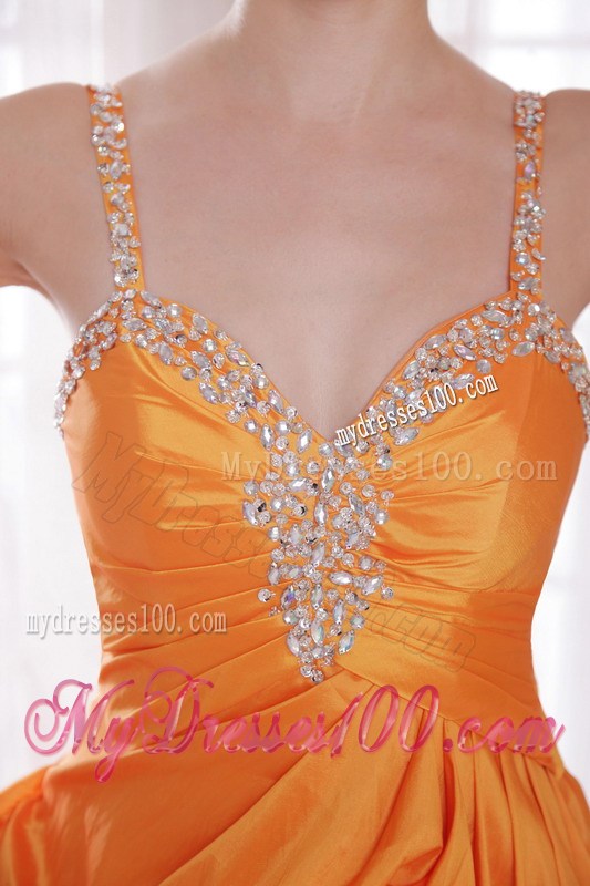 Cute Orange Princess Straps Floor-length Beaded Prom Dress