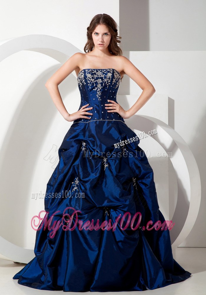 Royal Blue Pick-ups Appliques Strapless Evening Dress