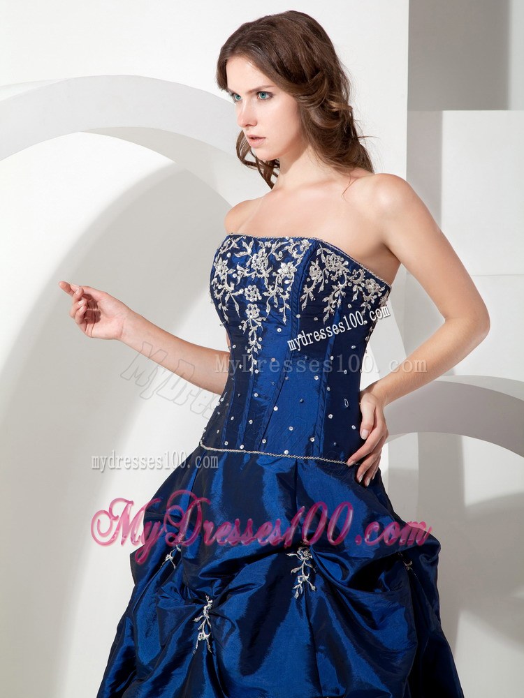 Royal Blue Pick-ups Appliques Strapless Evening Dress