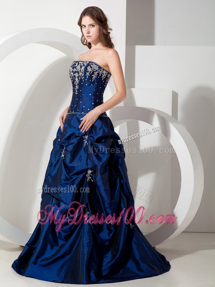 Royal Blue Pick-ups Appliques Strapless Evening Dress