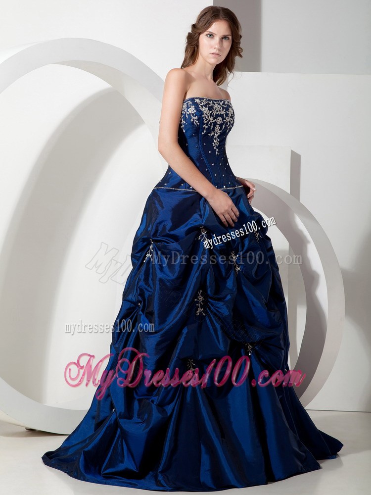Royal Blue Pick-ups Appliques Strapless Evening Dress