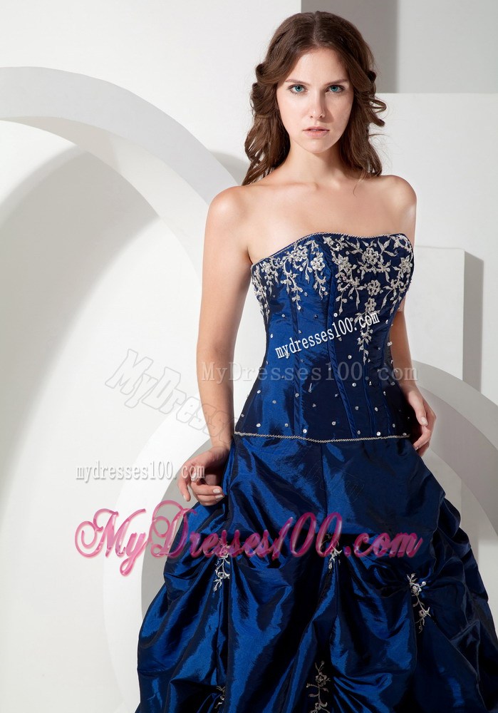 Royal Blue Pick-ups Appliques Strapless Evening Dress