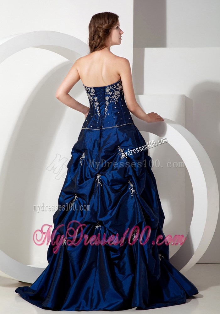 Royal Blue Pick-ups Appliques Strapless Evening Dress