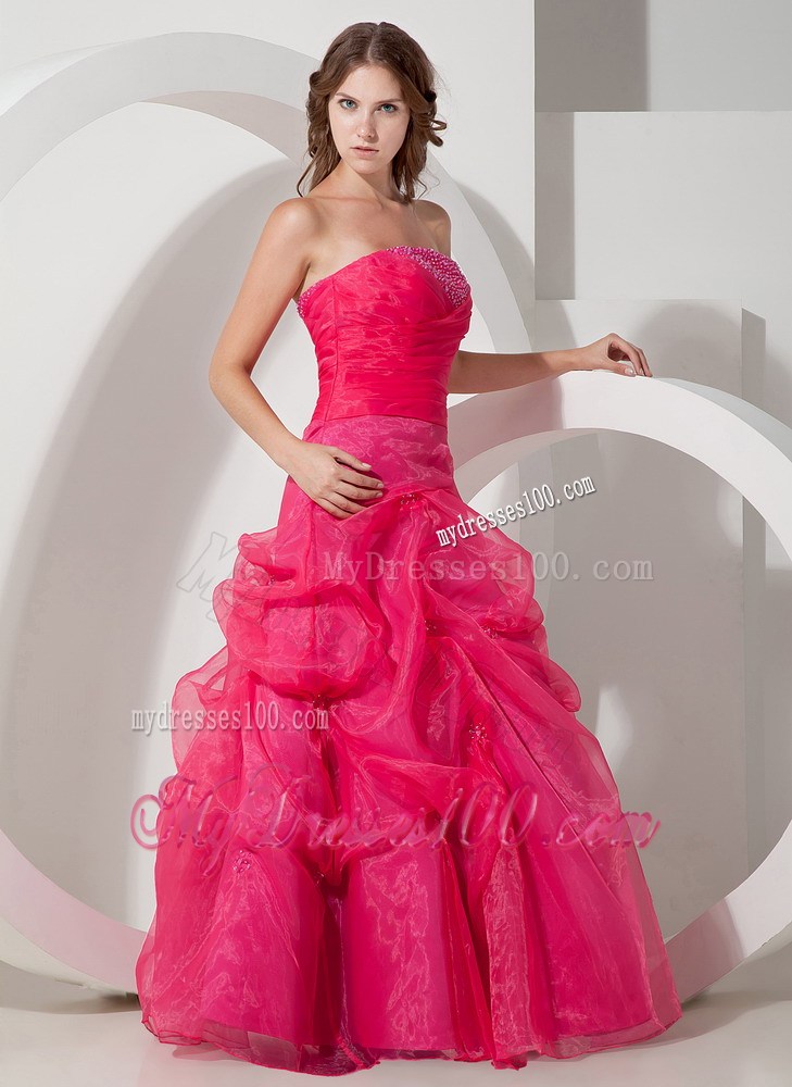 Coral Red Pick-ups Ruched Evening Dress with Beading