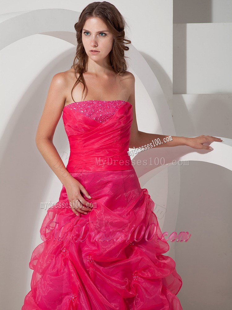 Coral Red Pick-ups Ruched Evening Dress with Beading